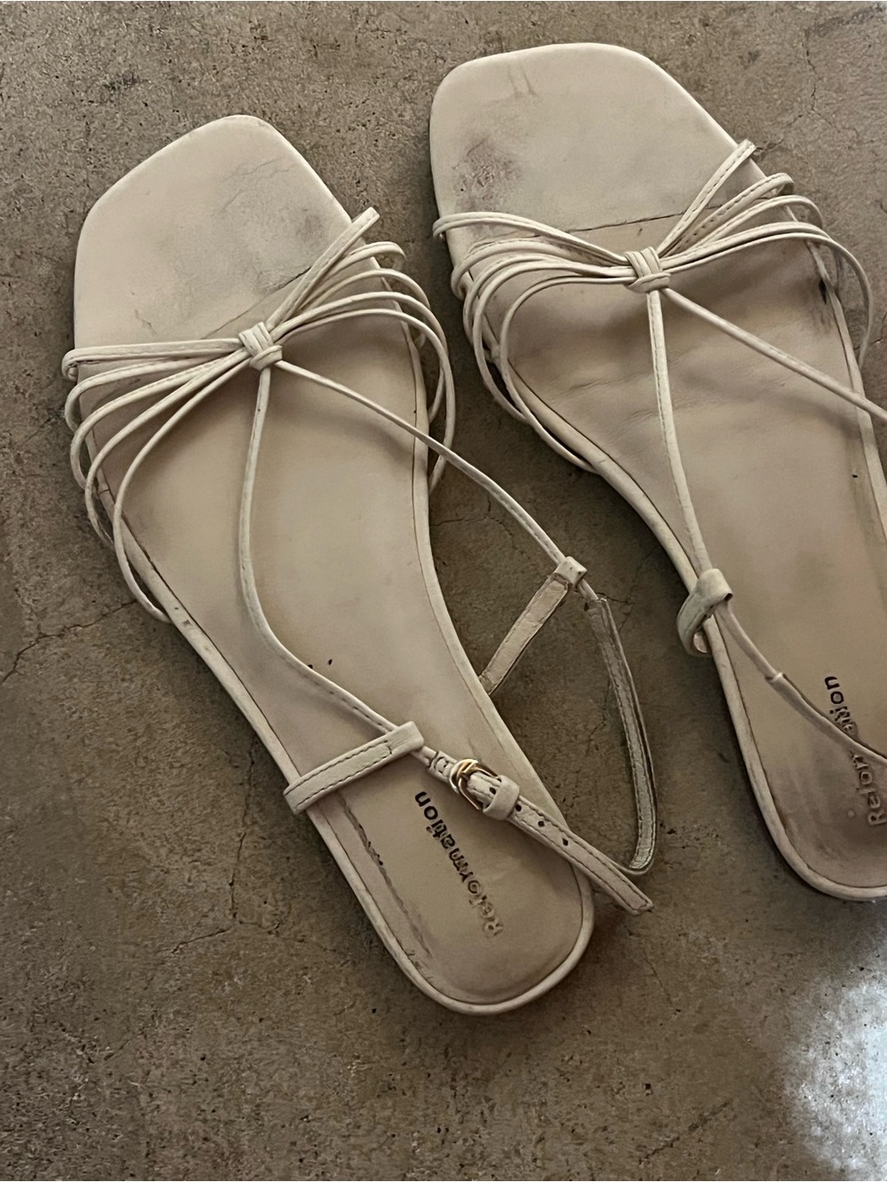 Reformation White Strappy Knot Flat Sandals